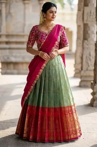 South Indian Style Semi-Stitched Half Saree with Blouse and Dupatta