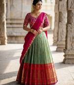 South Indian Style Semi-Stitched Half Saree with Blouse and Dupatta