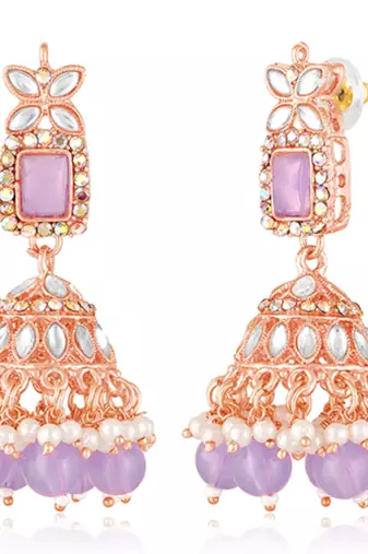 Kundan & beads studded lavender necklace earrings maangtikka set