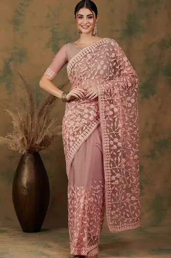 Peach peach-coloured floral embroidered net saree