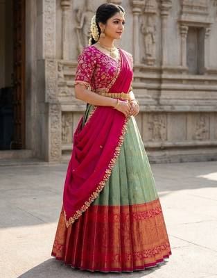 South Indian Style Semi-Stitched Half Saree with Blouse and Dupatta 2