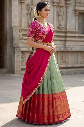 South Indian Style Semi-Stitched Half Saree with Blouse and Dupatta