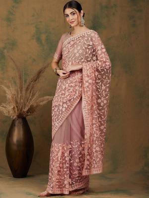Peach peach-coloured floral embroidered net saree 3