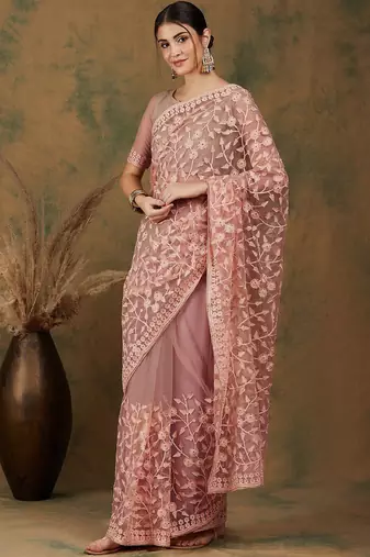 Peach peach-coloured floral embroidered net saree