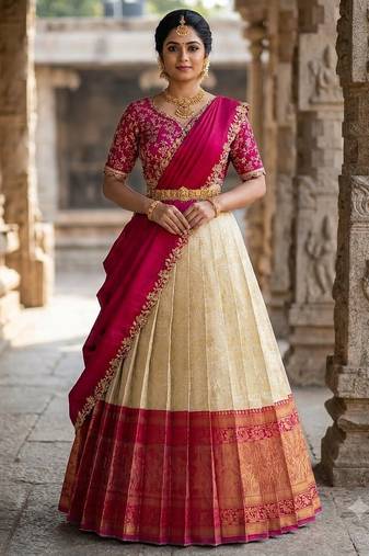 South Indian Style Semi-Stitched Half Saree with Blouse and Dupatta