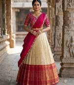 South Indian Style Semi-Stitched Half Saree with Blouse and Dupatta