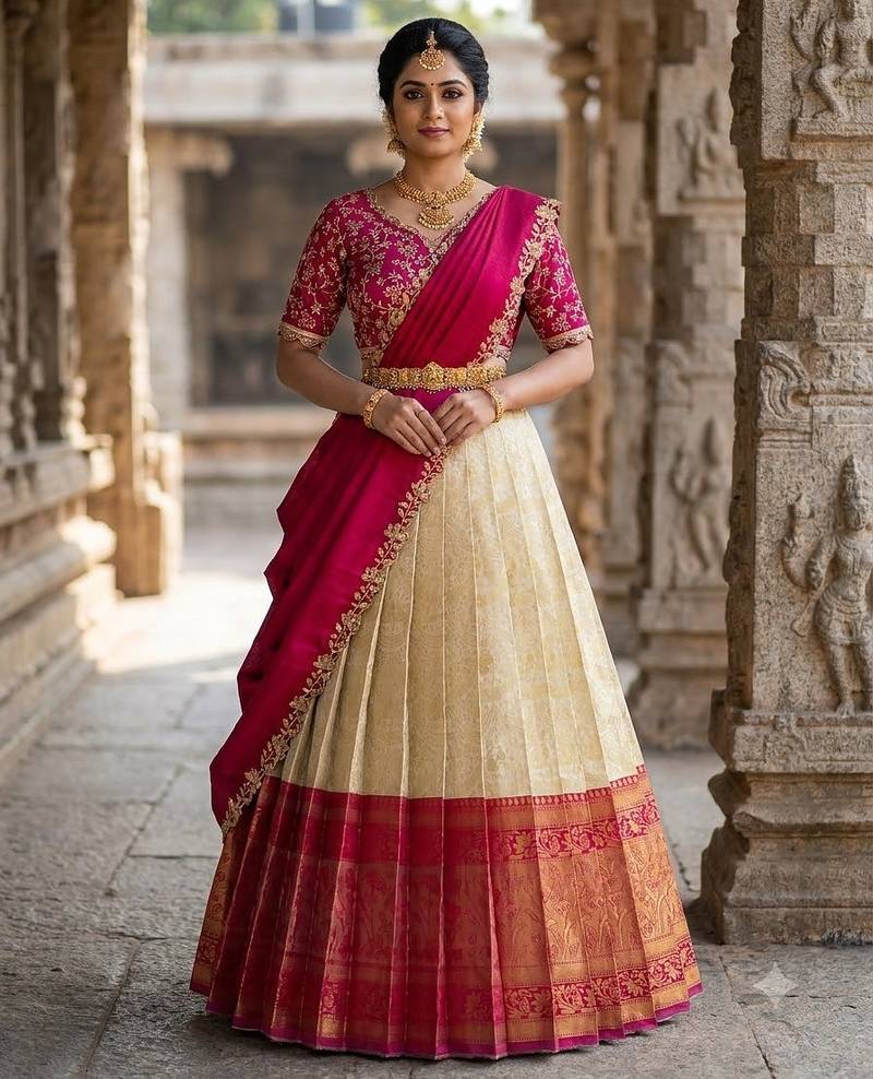 South Indian Style Semi-Stitched Half Saree with Blouse and Dupatta