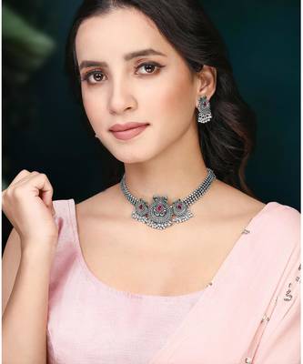 Women's silver toned rani pink green synthetic stone studded necklace dangle 1