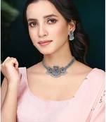 Women's silver toned rani pink green synthetic stone studded necklace dangle