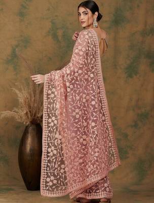 Peach peach-coloured floral embroidered net saree 4