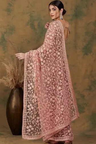 Peach peach-coloured floral embroidered net saree