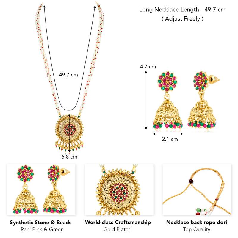 Rani pink & green synthetic stone & beads studded long necklace
