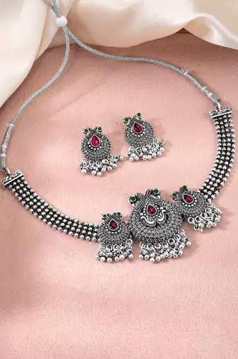 Women's silver toned rani pink green synthetic stone studded necklace dangle