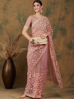 Peach peach-coloured floral embroidered net saree 5