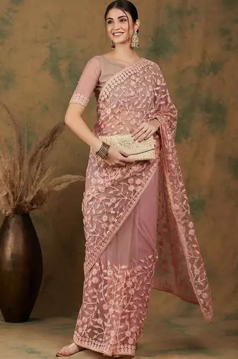 Peach peach-coloured floral embroidered net saree
