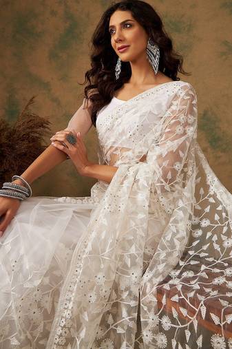 White embroidered net sarees