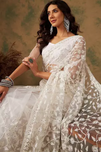White embroidered net sarees