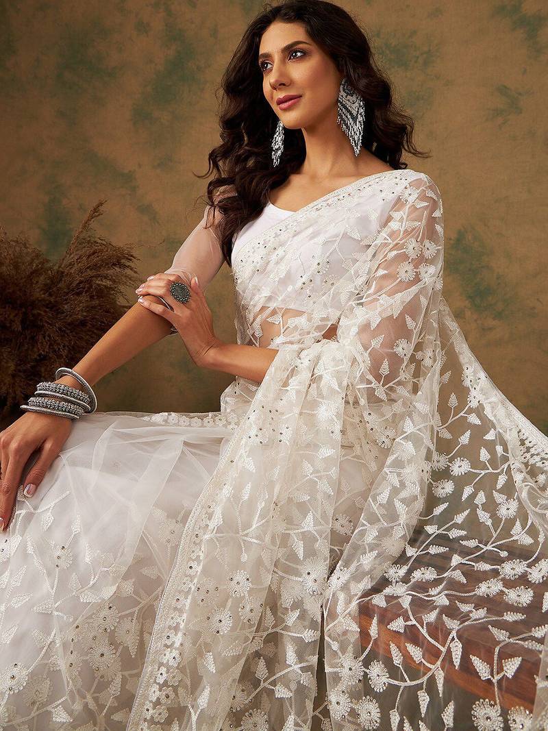White embroidered net sarees