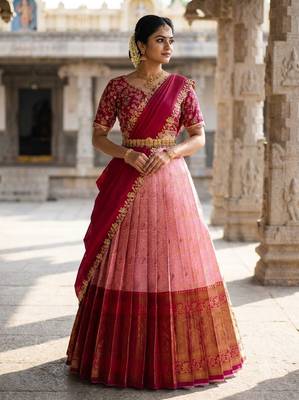 South Indian Style Semi-Stitched Half Saree with Blouse and Dupatta 1