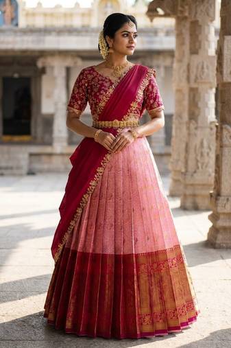 South Indian Style Semi-Stitched Half Saree with Blouse and Dupatta