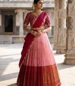 South Indian Style Semi-Stitched Half Saree with Blouse and Dupatta