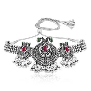 Women's silver toned rani pink green synthetic stone studded necklace dangle 3