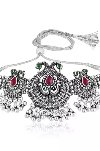Women's silver toned rani pink green synthetic stone studded necklace dangle