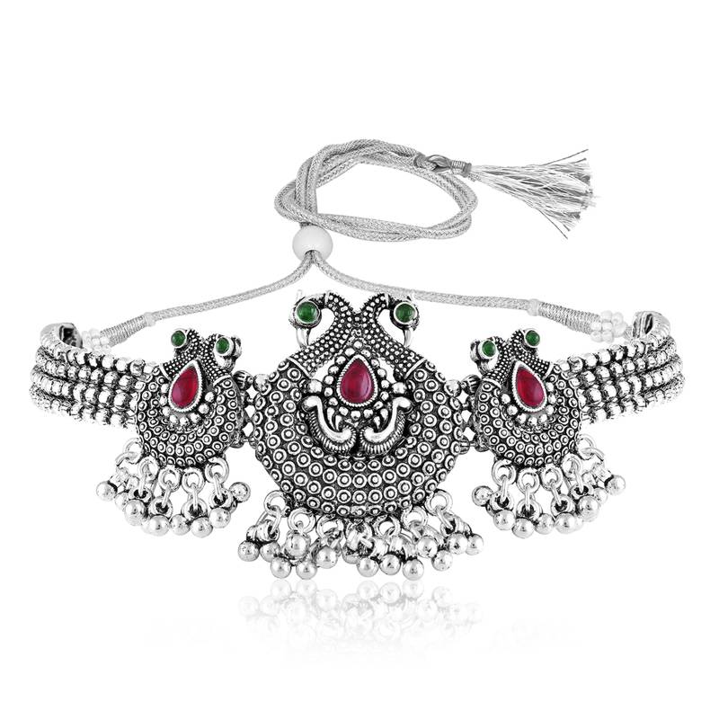 Women's silver toned rani pink green synthetic stone studded necklace dangle