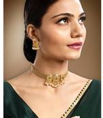 Rani pink green synthetic stone & beads studded necklace dangle