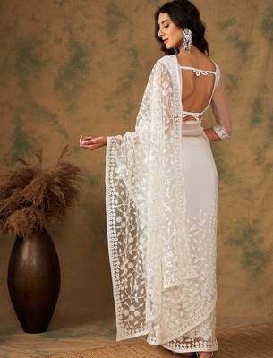 White embroidered net sarees 2