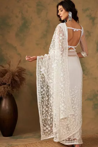 White embroidered net sarees