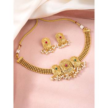 Rani pink green synthetic stone & beads studded necklace dangle 2