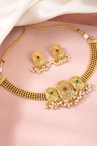 Rani pink green synthetic stone & beads studded necklace dangle