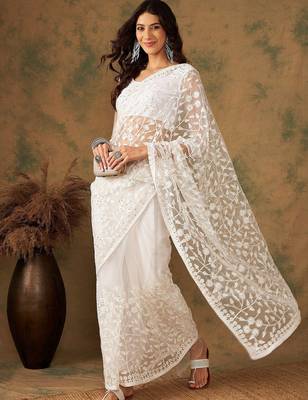 White embroidered net sarees 3
