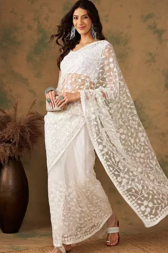 White embroidered net sarees