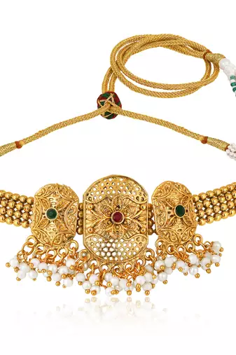 Rani pink green synthetic stone & beads studded necklace dangle