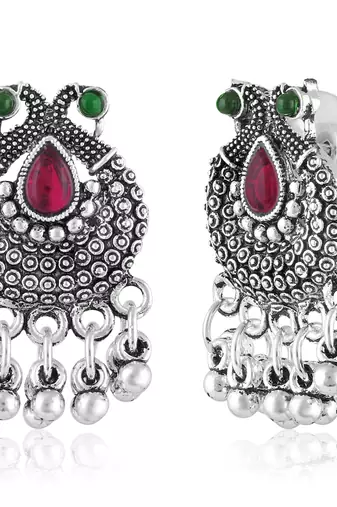 Women's silver toned rani pink green synthetic stone studded necklace dangle