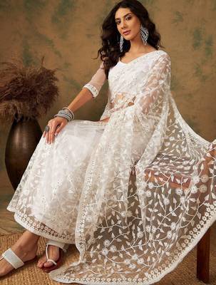 White embroidered net sarees 4