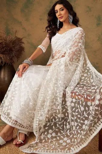 White embroidered net sarees