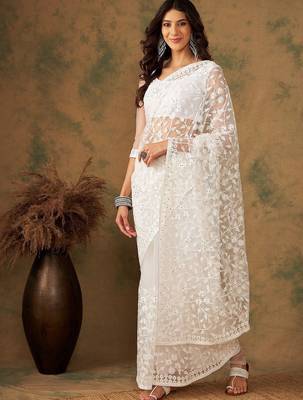 White embroidered net sarees 5