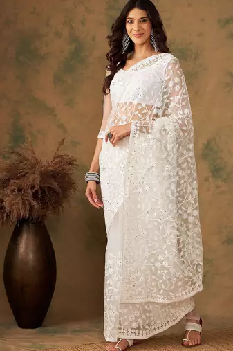White embroidered net sarees