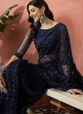 Navy blue embroidered saree with blouse piece 1