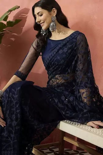 Navy blue embroidered saree with blouse piece