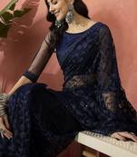 Navy blue embroidered saree with blouse piece
