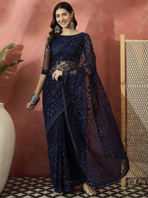 Navy blue embroidered saree with blouse piece 2