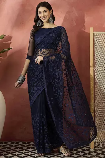Navy blue embroidered saree with blouse piece