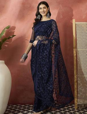 Navy blue embroidered saree with blouse piece 3