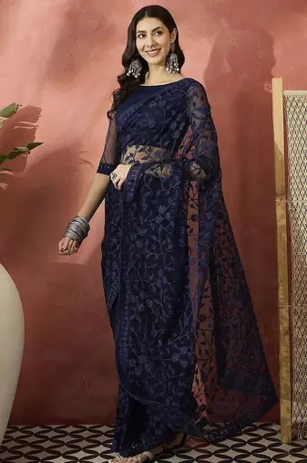 Navy blue embroidered saree with blouse piece