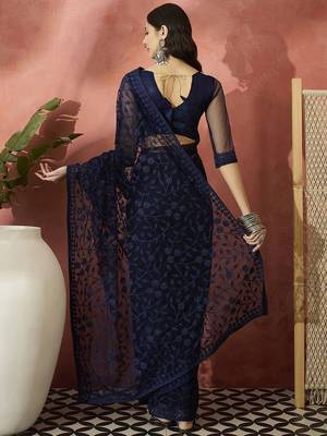 Navy blue embroidered saree with blouse piece 4