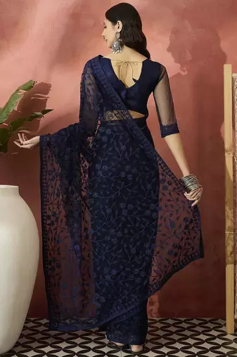 Navy blue embroidered saree with blouse piece
